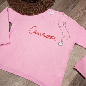 PINK PINEAPPLE SZ M "CHARLESTON" EMBROIDERED CREW NECK COTTON SWEATER PREPPY